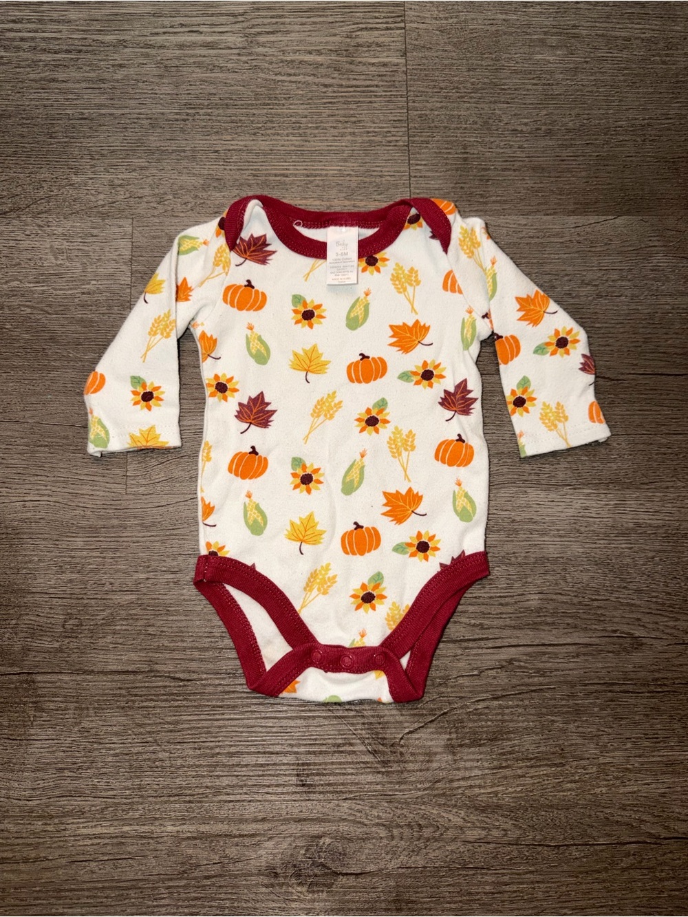 Long-Sleeve White Pumpkin & Leaf Baby Bodysuit with Burgundy Trim